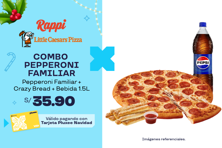 LITTLE CAESARS: 51%OFF EN  COMBO PEPPERONI FAMILIAR: PEPPERONI FAMILIAR + CRAZY BREAD + BEBIDA 1.5L A S/35.90.